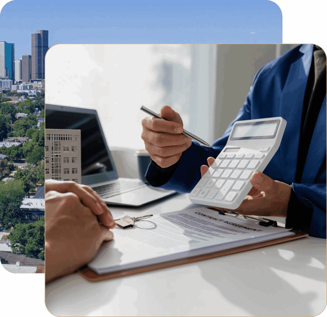 Urban skyline and office financial discussion